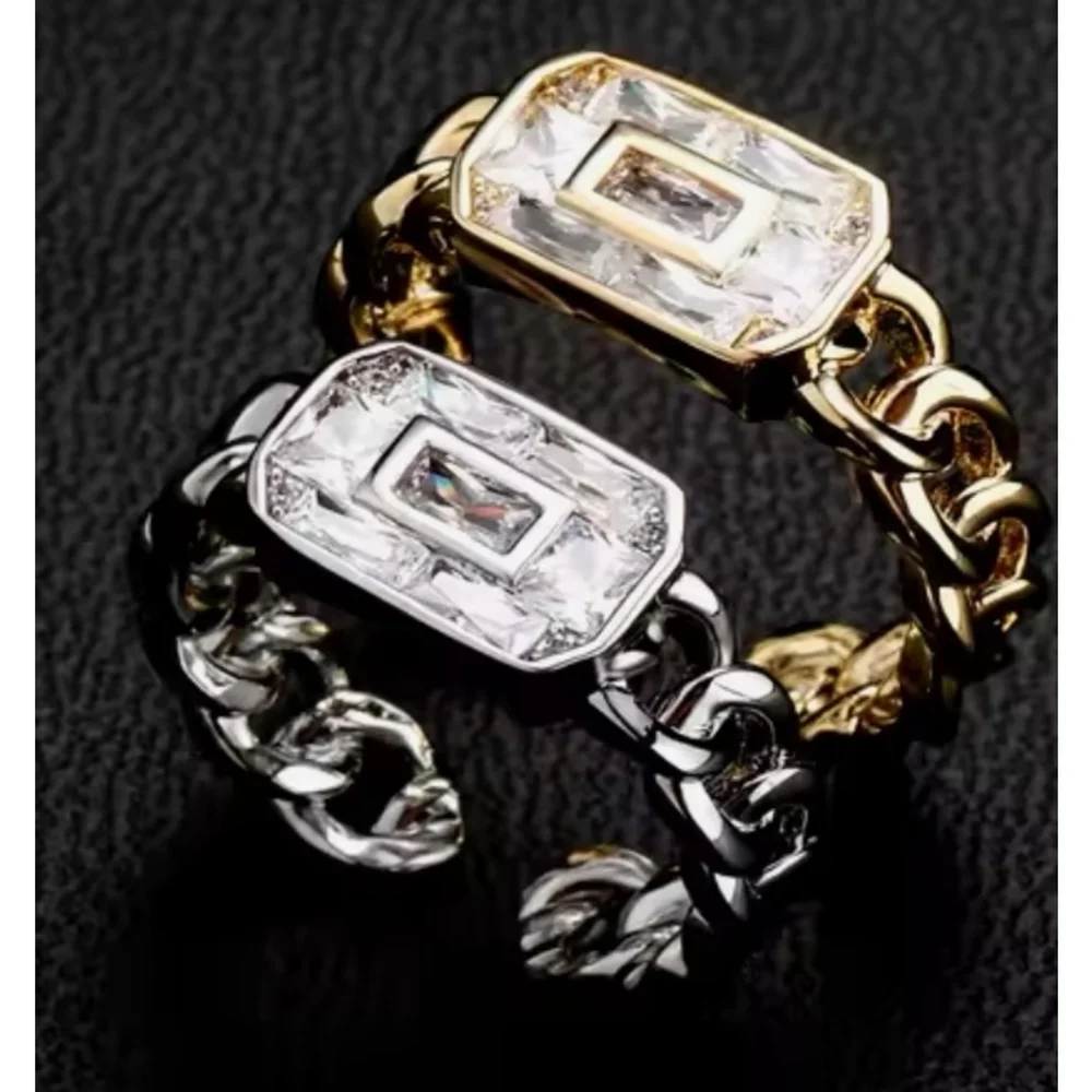 Unisex 14k Gold Filled Chain Rectangle Simulated‎ Diamond Ring, Adjustable NEW